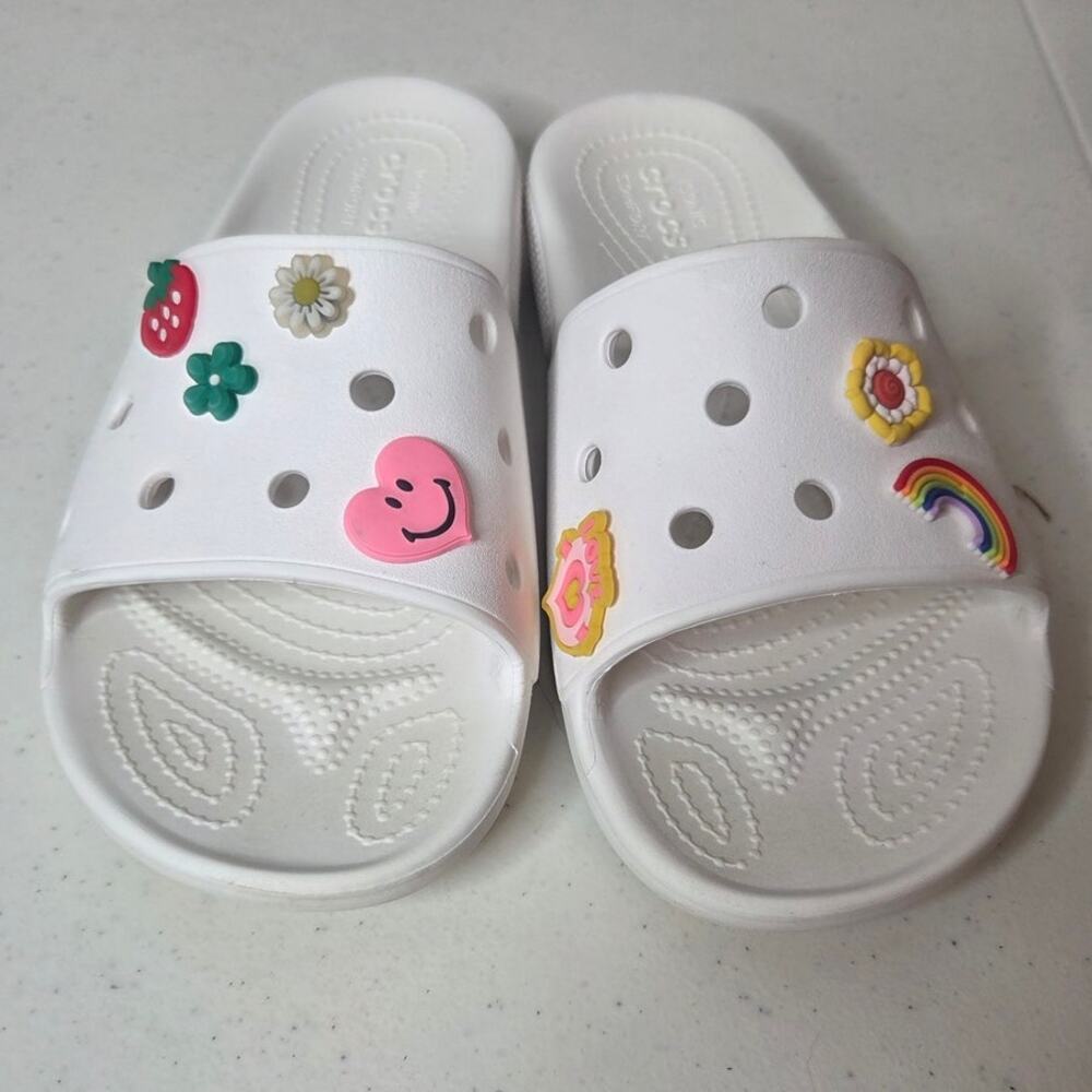 Crocs Iconic Comfort Slides Mens 7 Womens 9 White Slides with Charms